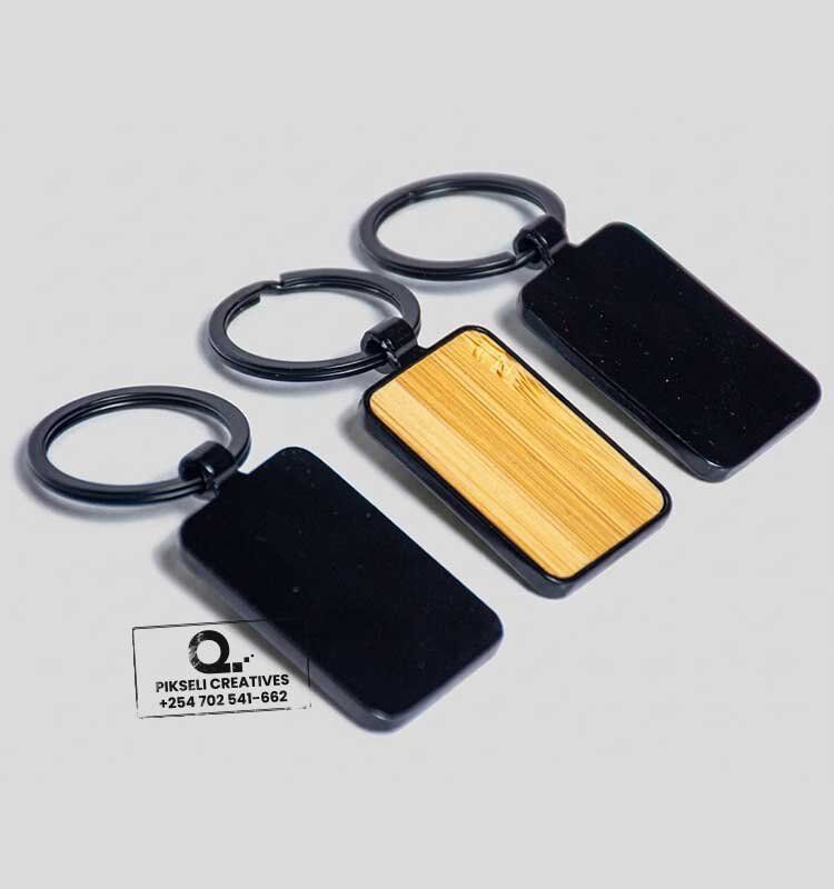 Custom Branded Rectangular Wooden (one side) Metallic Keyring - Image 1